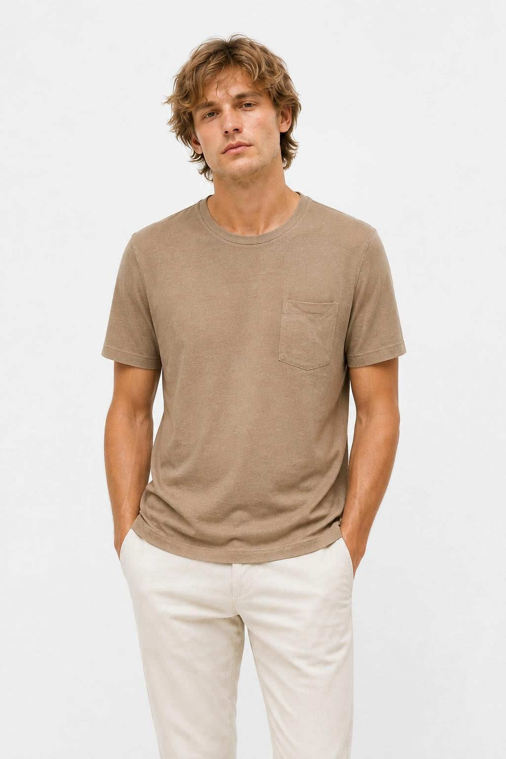04651 A Trip in a Bag Linen Pocket T-Shirt Taupe