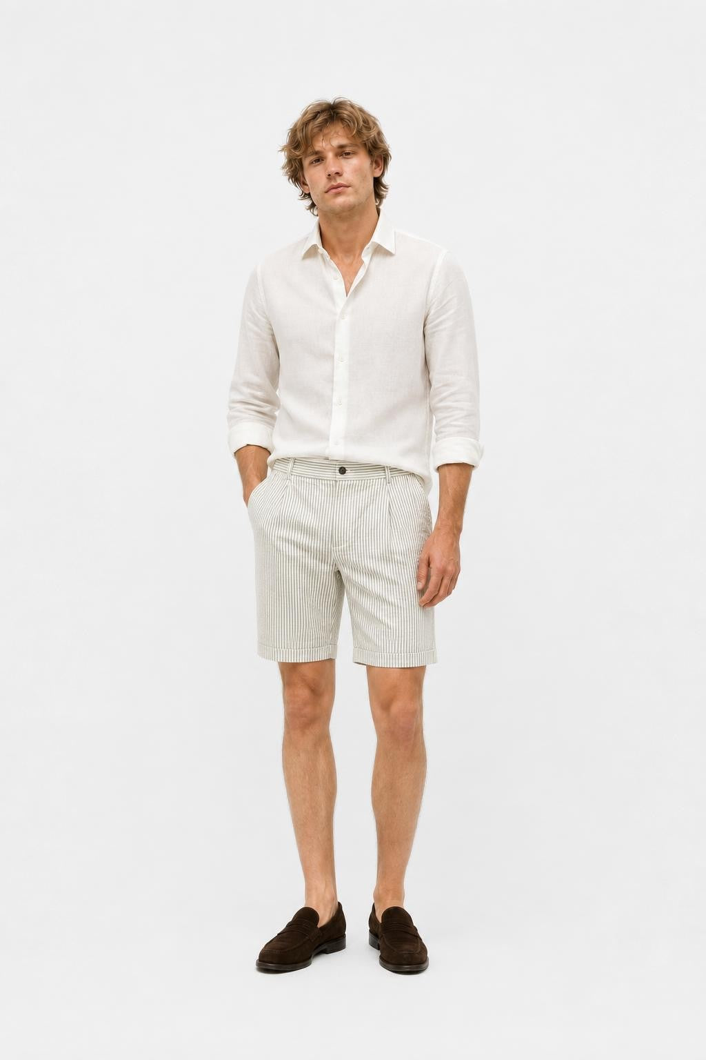 04651/ A Trip In A Bag Seersucker Cotton Shorts Sage Off-White