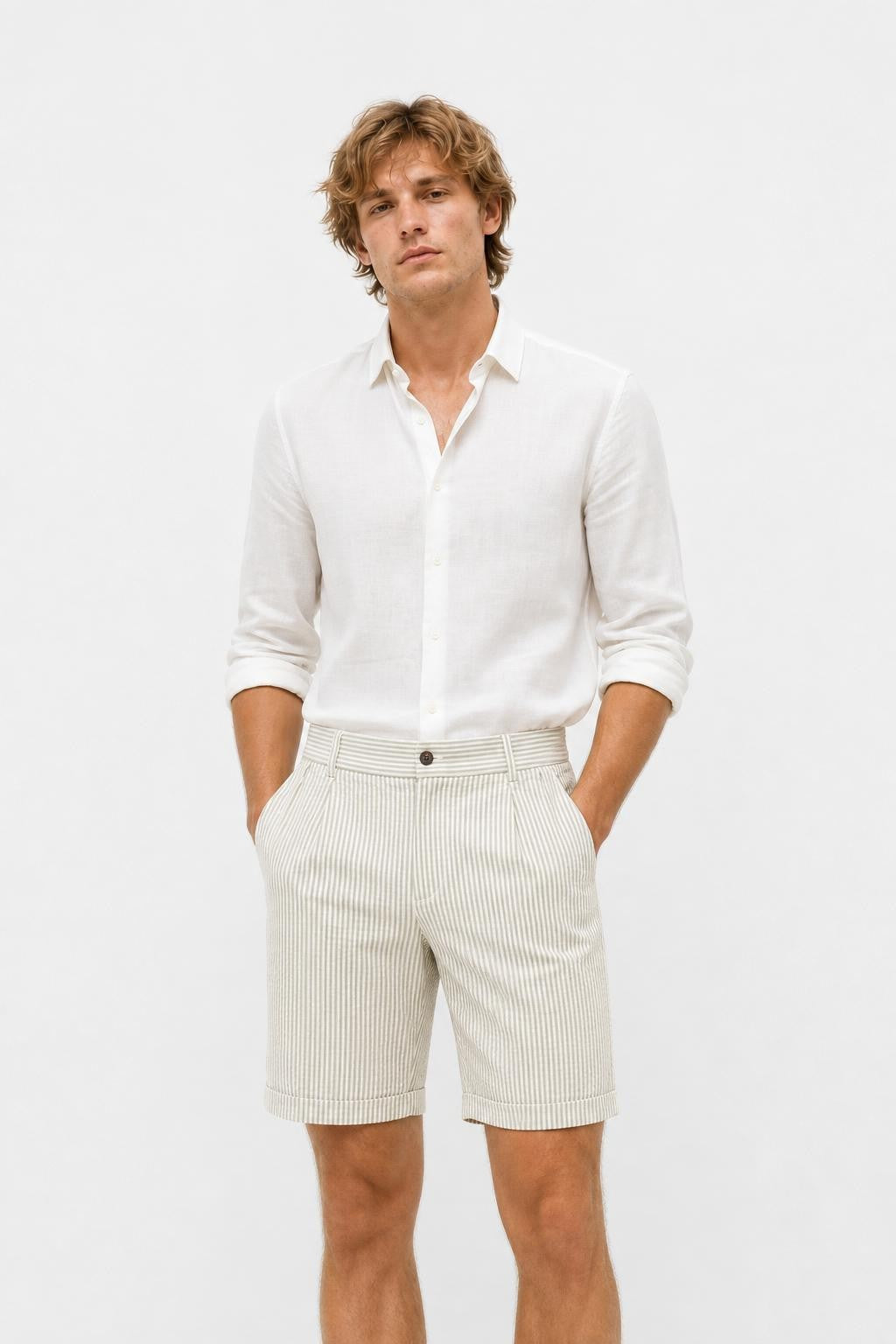 04651/ A Trip In A Bag Seersucker Cotton Shorts Sage Off-White