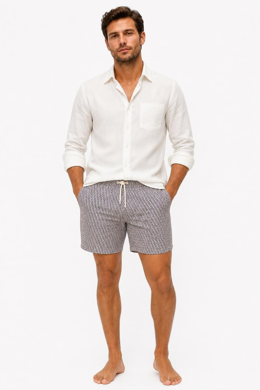 04651/ A Trip in a Bag Microfibre Swim Shorts 'Hansen' Beige / Navy Patterned