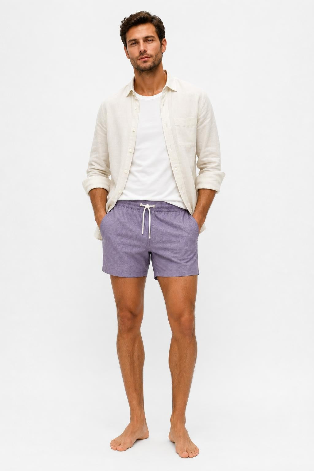 04651/ A Trip in a Bag Microfibre Swim Shorts 'Hansen' Lavender / Taupe Patterned