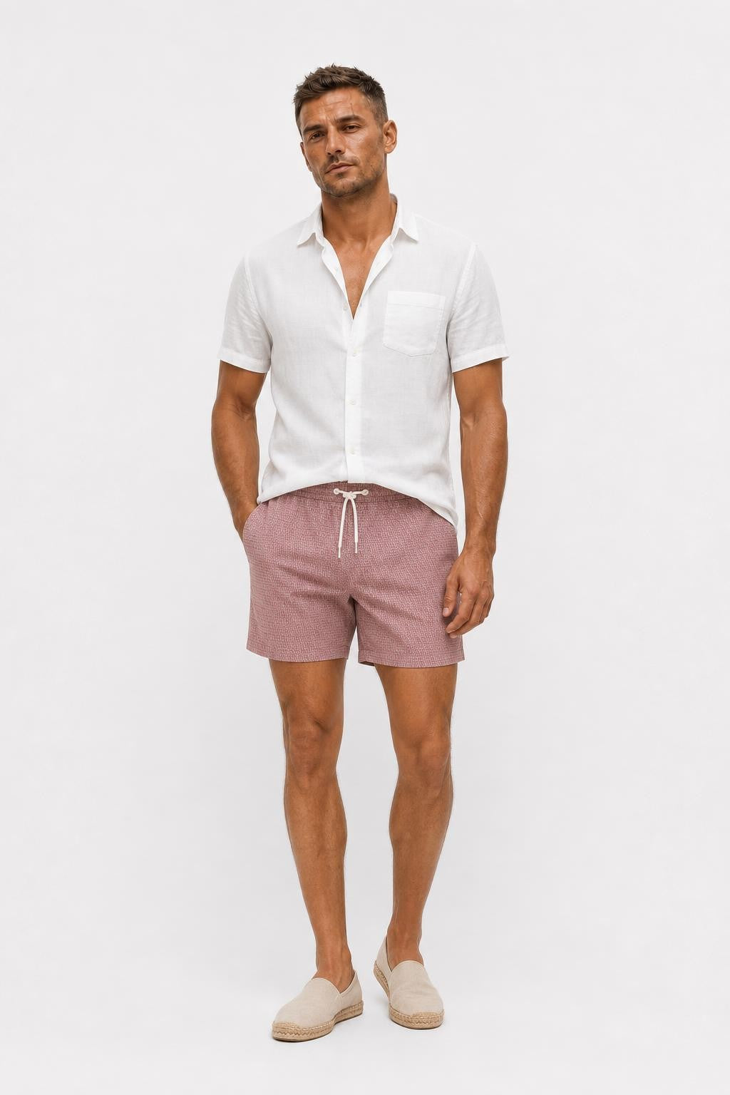 04651/ A Trip in a Bag Microfibre Swim Shorts 'Hansen' Taupe / Red Patterned