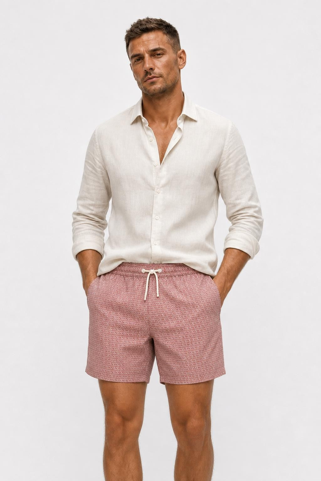 04651/ A Trip in a Bag Microfibre Swim Shorts 'Hansen' Taupe / Red Patterned