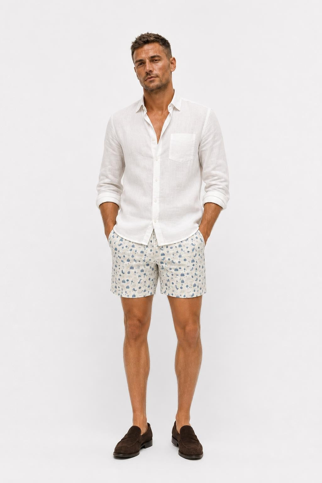 04651/ A Trip in a Bag Microfibre Swim Shorts 'Seaside' Cream / Smoky Blue Patterned