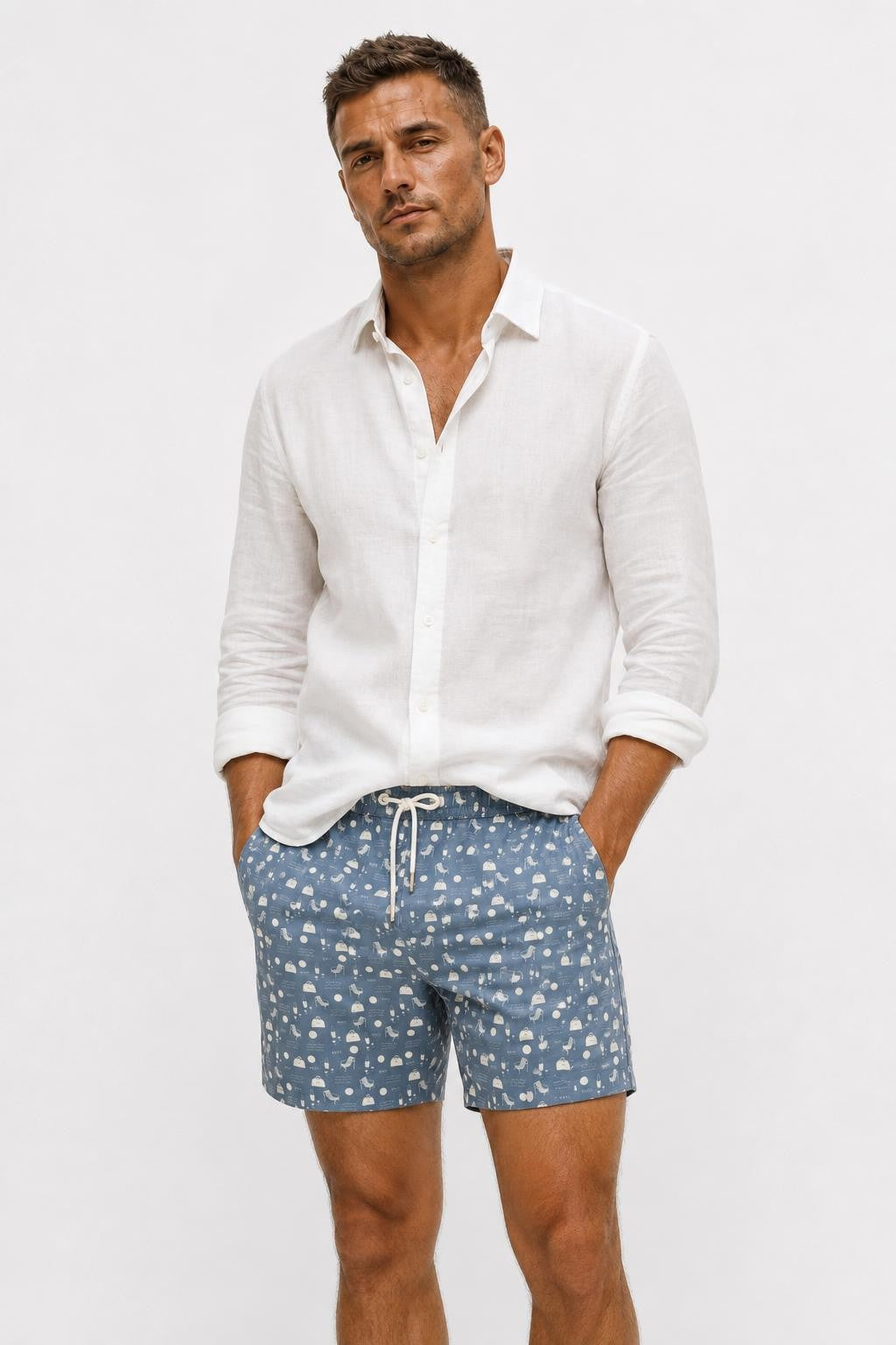 04651/ A Trip in a Bag Microfibre Swim Shorts 'Seaside' Smoky Blue / Cream Patterned