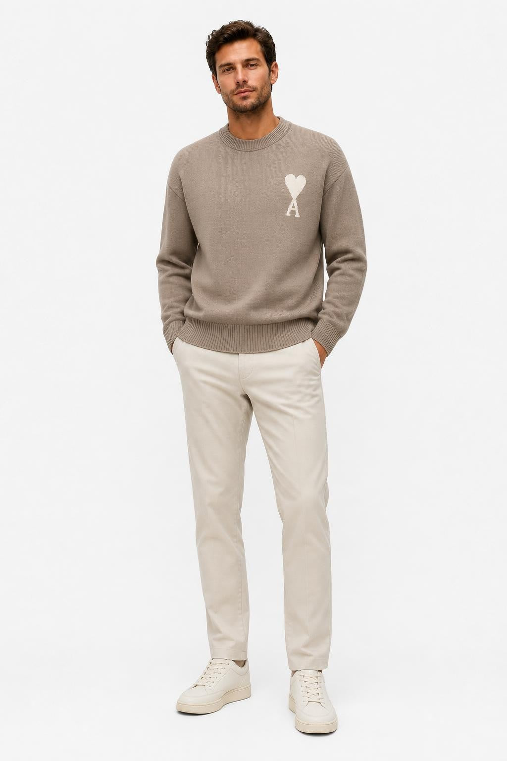 Ami Paris Wool Crew Neck Jumper 'ADC' Grey-Brown