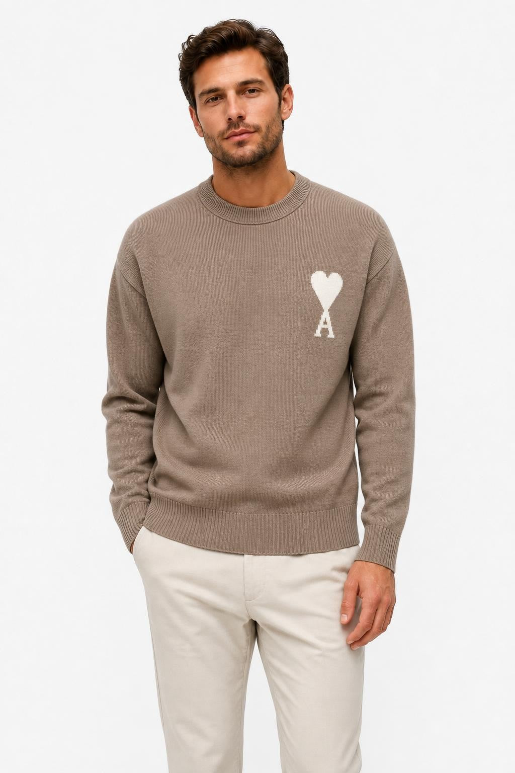 Ami Paris Wolle Crew Neck Pullover 'ADC' Grau-Braun