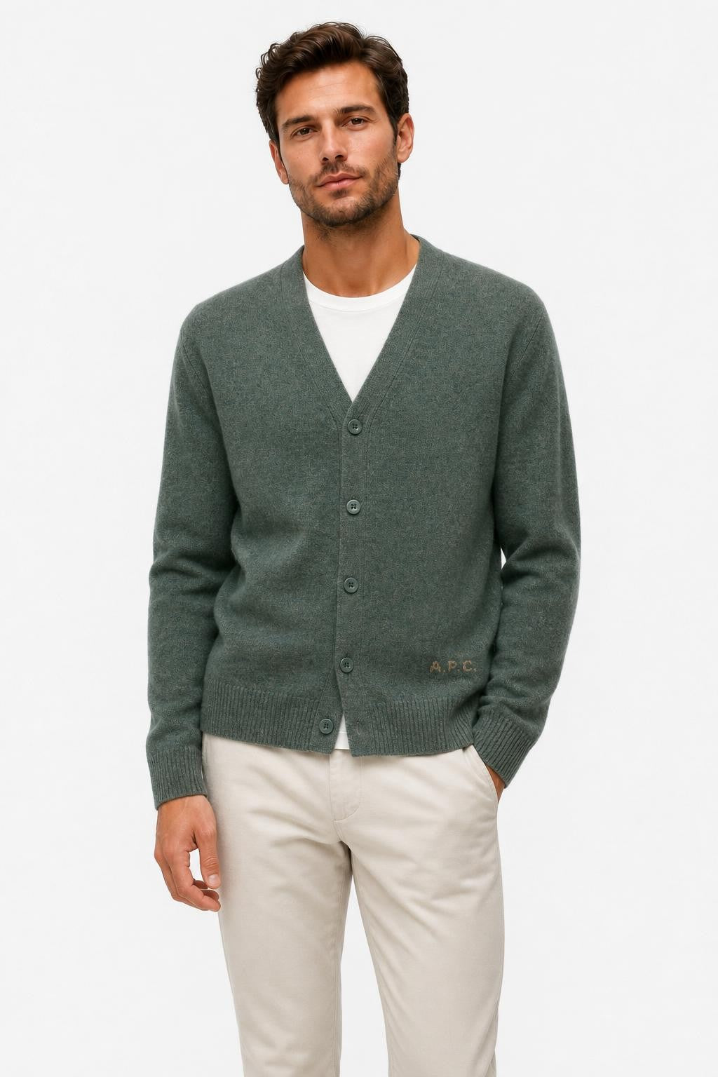 A.P.C. Wool Cardigan 'Kevin' Grey-Green Mottled