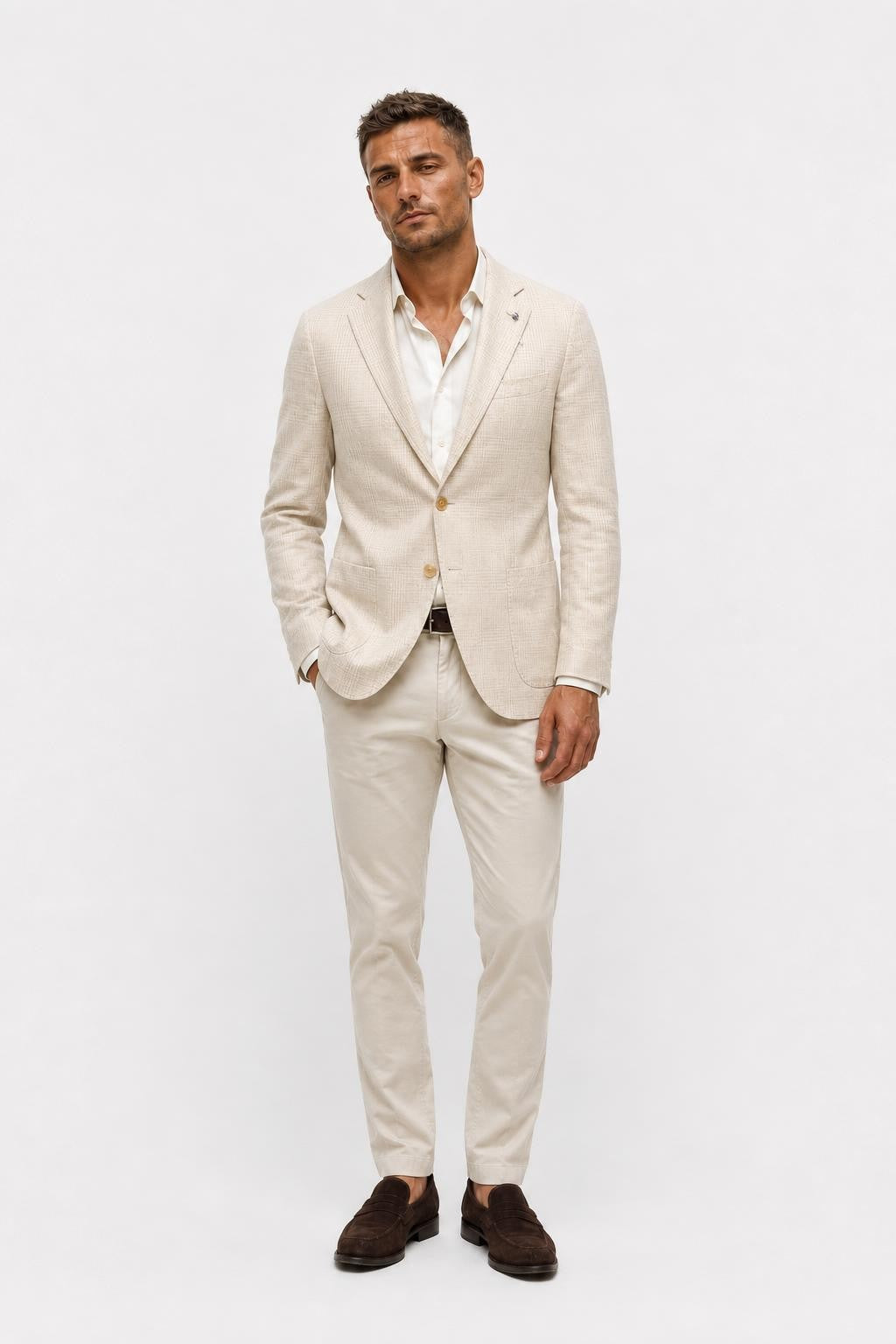 Belvest Linen Wool Blazer Cream Beige Checked