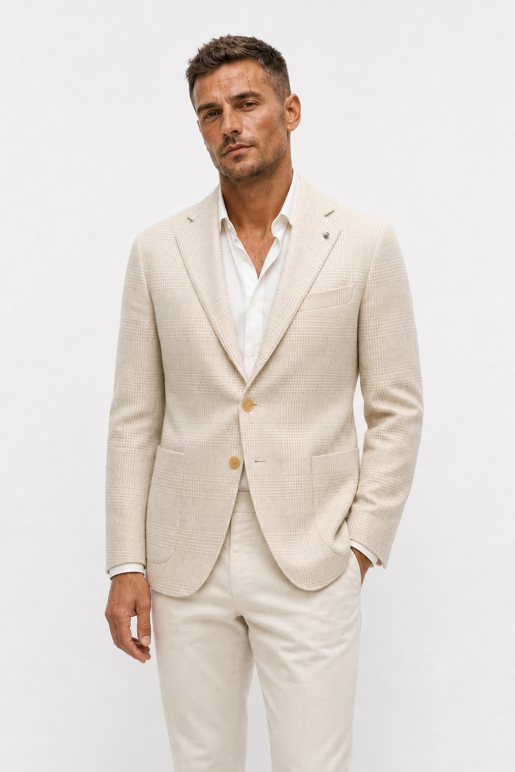 Belvest Linen Wool Blazer Cream Beige Checked