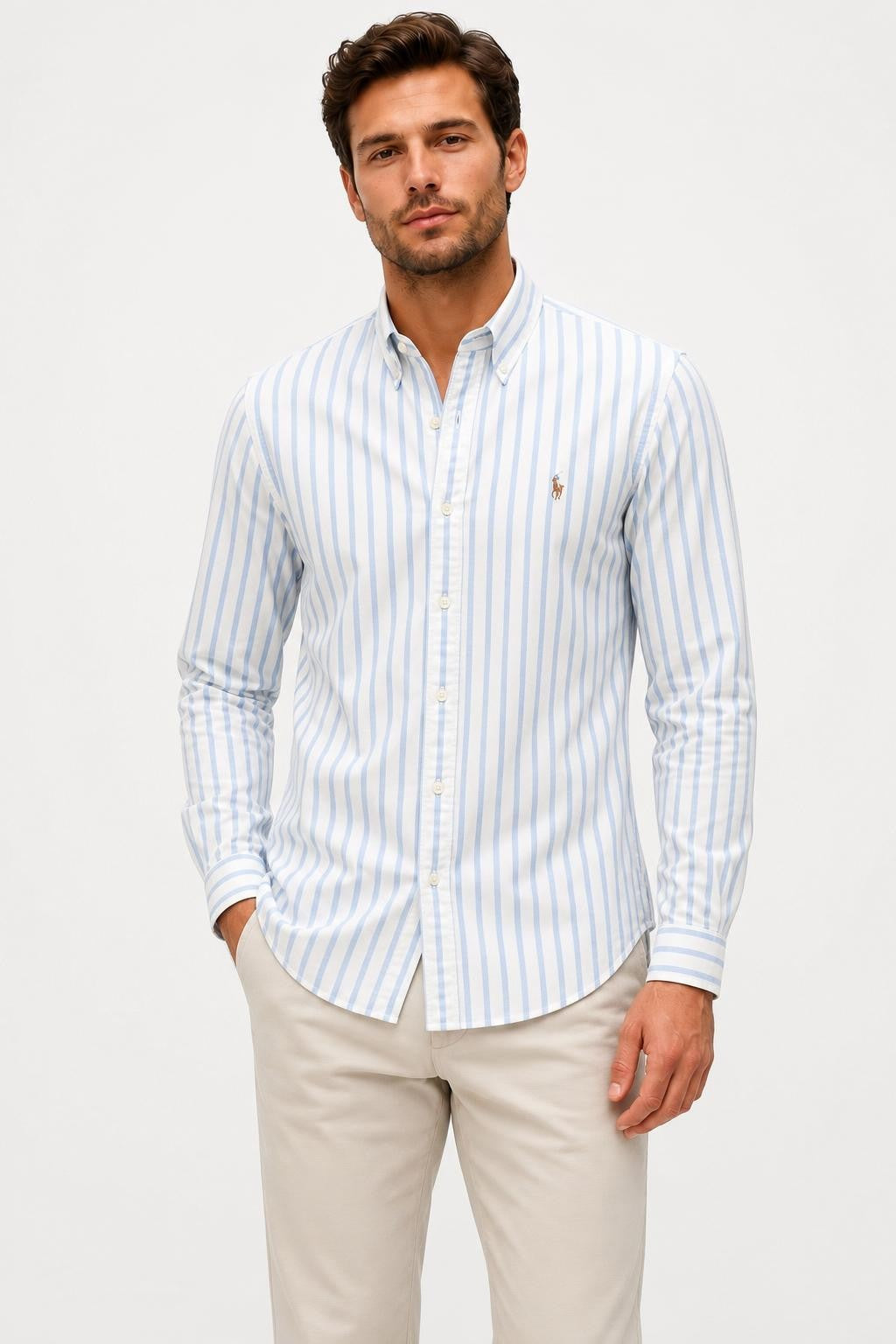 Polo Ralph Lauren Casual Shirt Button-Down Collar Blue White Striped