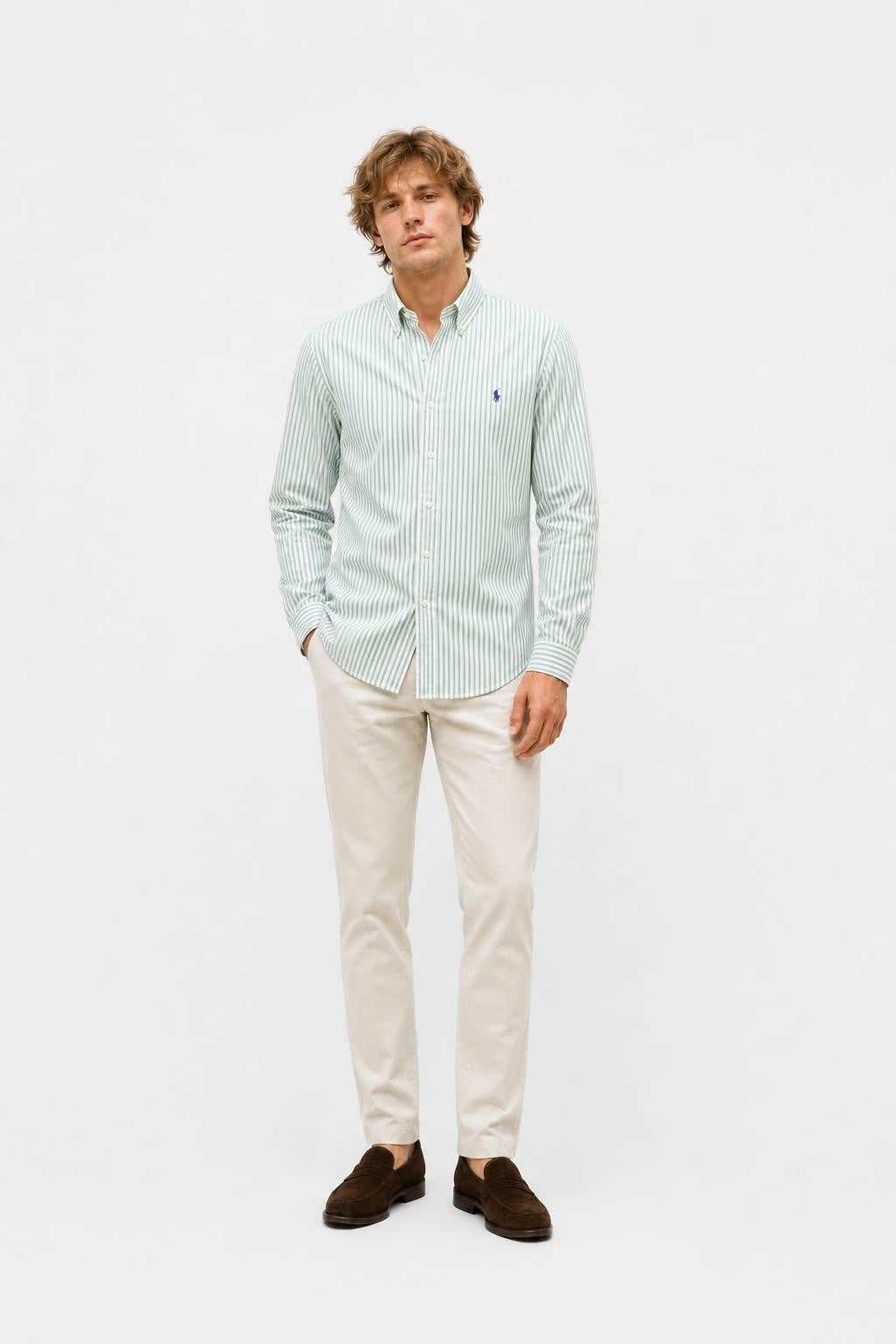 Polo Ralph Lauren Casual Shirt Button-Down Collar Green White Striped