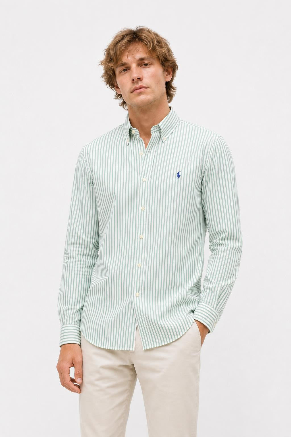Polo Ralph Lauren Casual Shirt Button-Down Collar Green White Striped