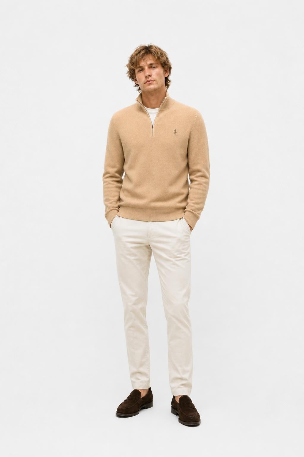 Polo Ralph Lauren Wolle Halbzip-Pullover Kamel meliert