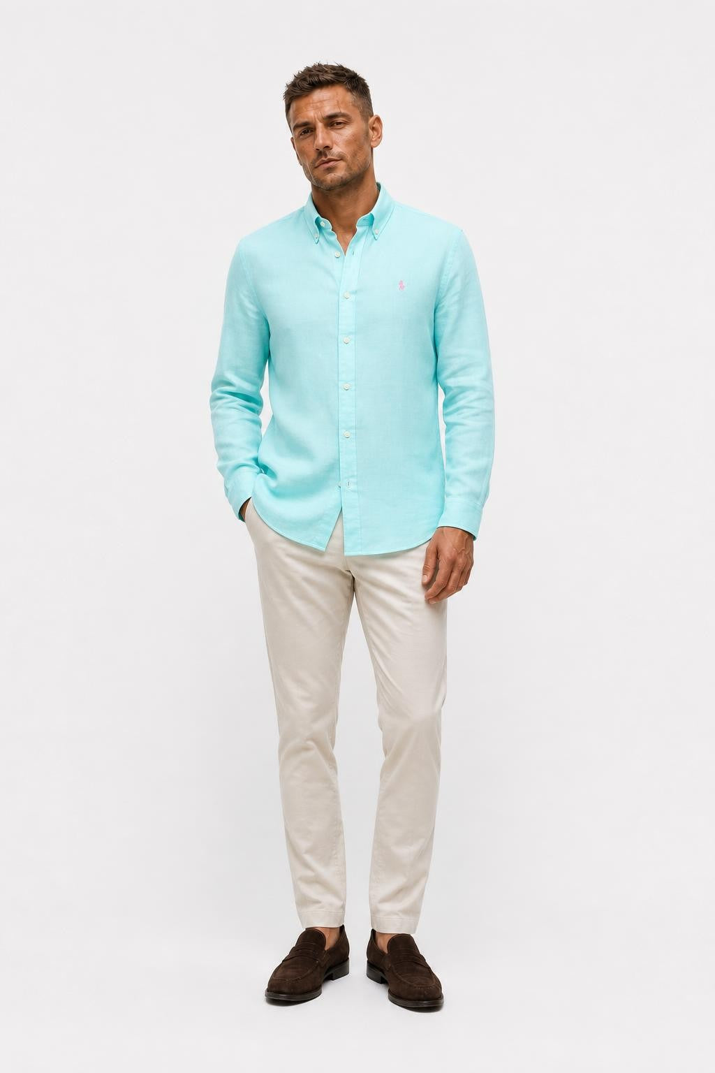 Polo Ralph Lauren Linen Shirt Button-Down Collar Turquoise