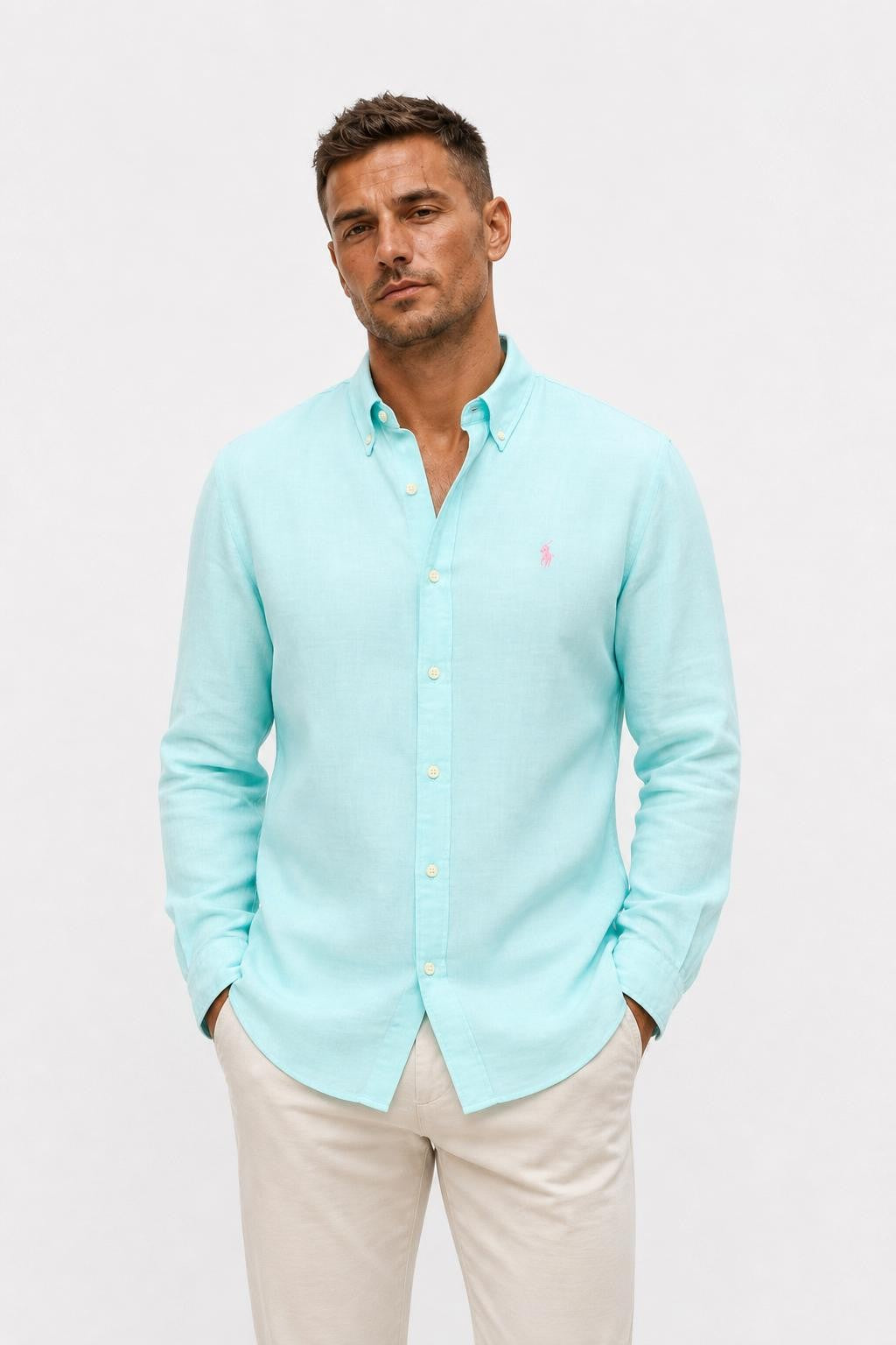 Polo Ralph Lauren Linen Shirt Button-Down Collar Turquoise