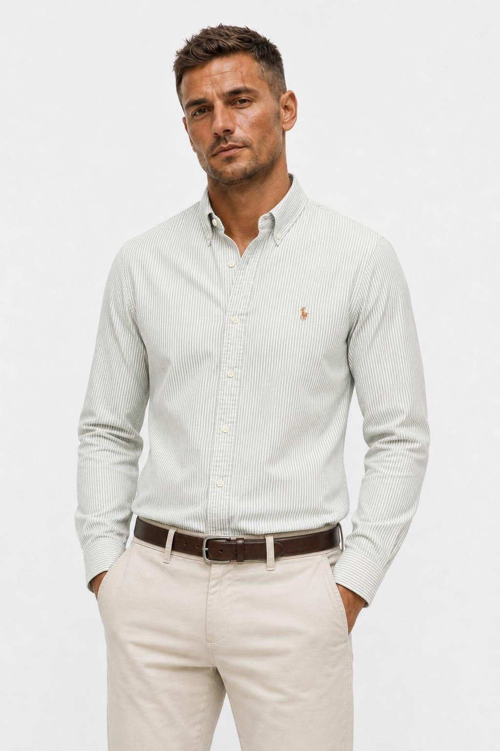 Polo Ralph Lauren Oxford Shirt Button-Down Collar Dark Green White Striped
