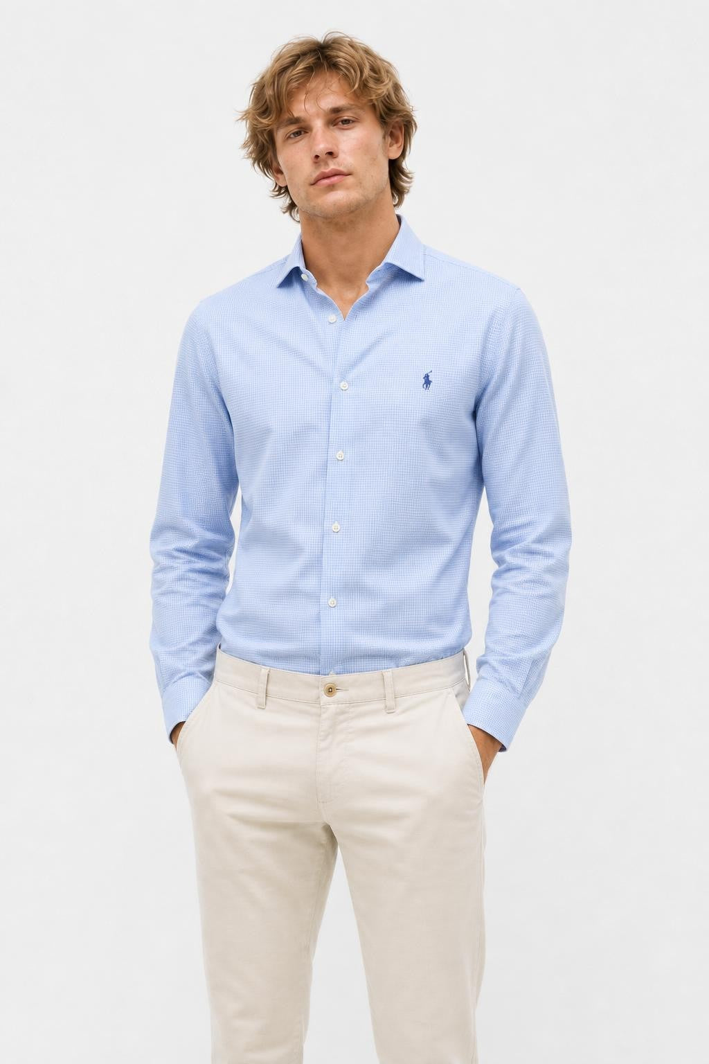 Polo Ralph Lauren Oxford Shirt Shark Collar Light Blue White Checked