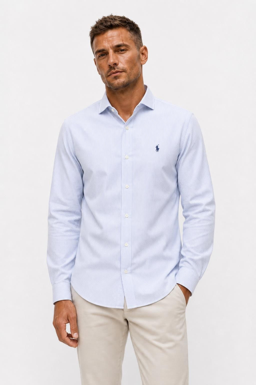 Polo Ralph Lauren Oxford Shirt Shark Collar Light Blue White Striped