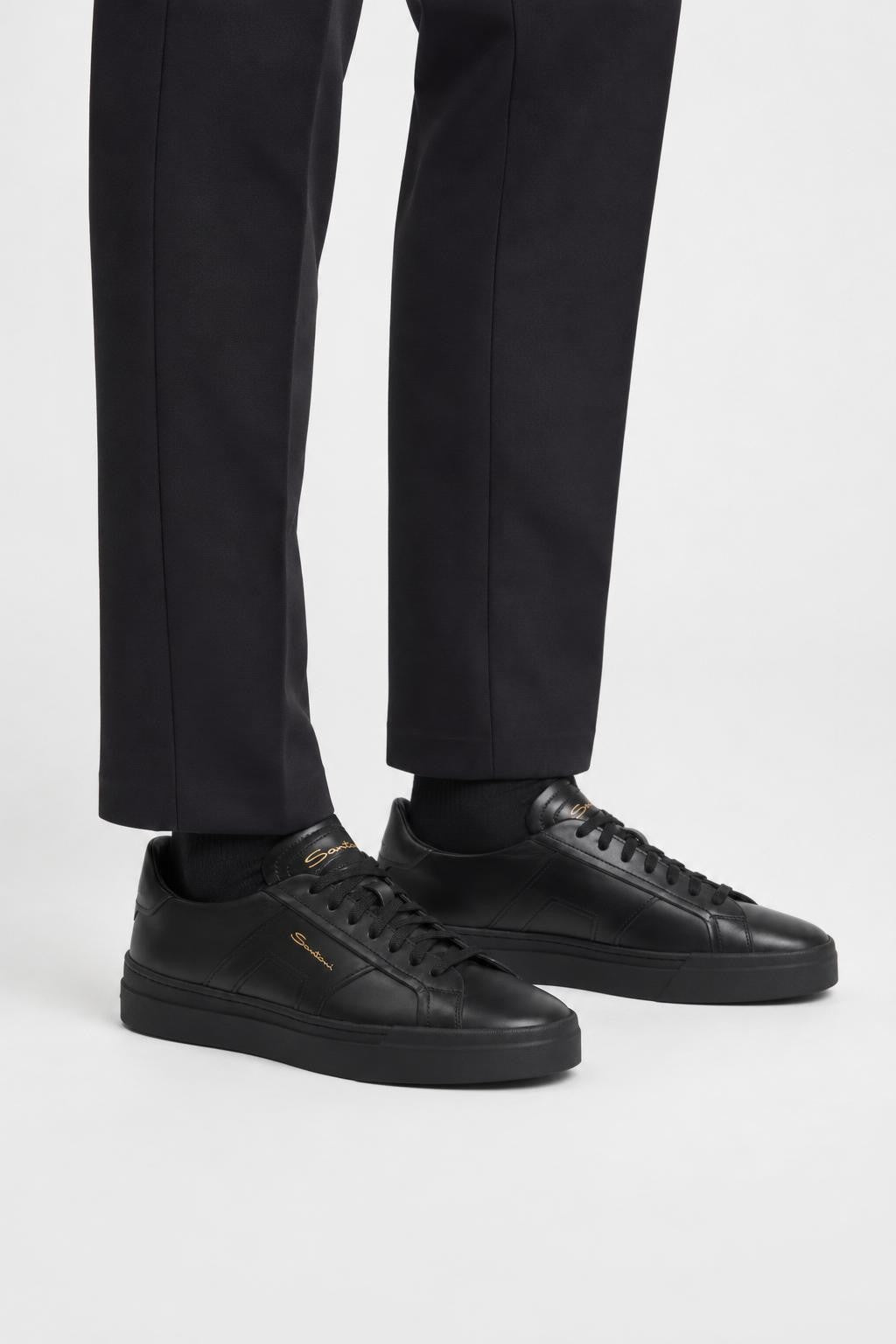 Santoni Leather Sneakers 'Double Buckle' Black