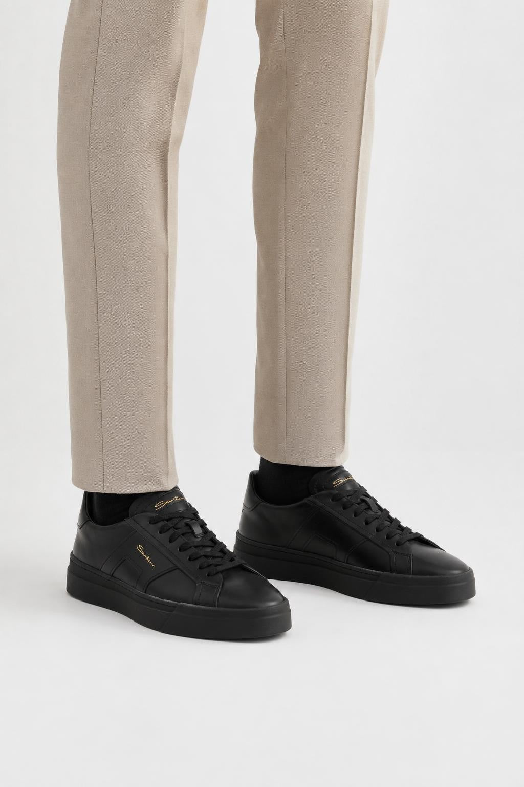 Santoni Leather Sneakers 'Double Buckle' Black