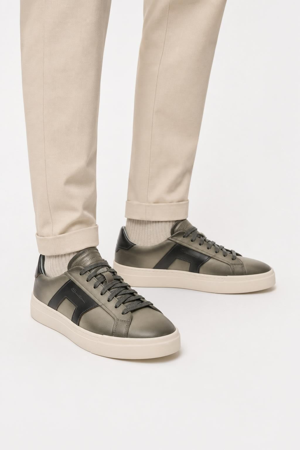 Santoni Leather Sneakers 'Double Buckle' Sage