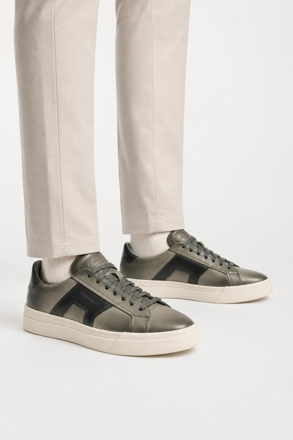 Santoni Leather Sneakers 'Double Buckle' Sage
