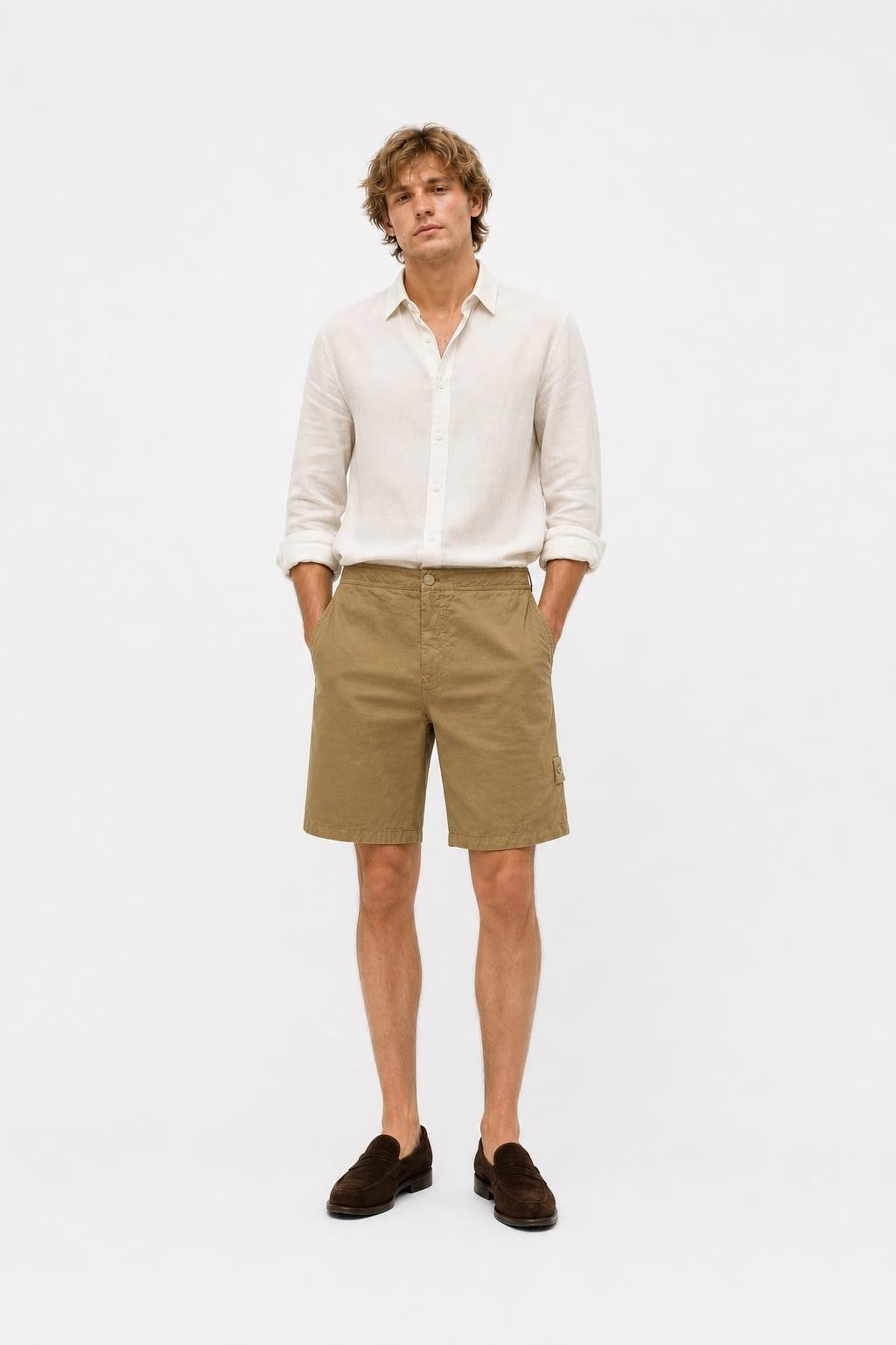 Stone Island Ghost Piece Cotton Linen Shorts Khaki