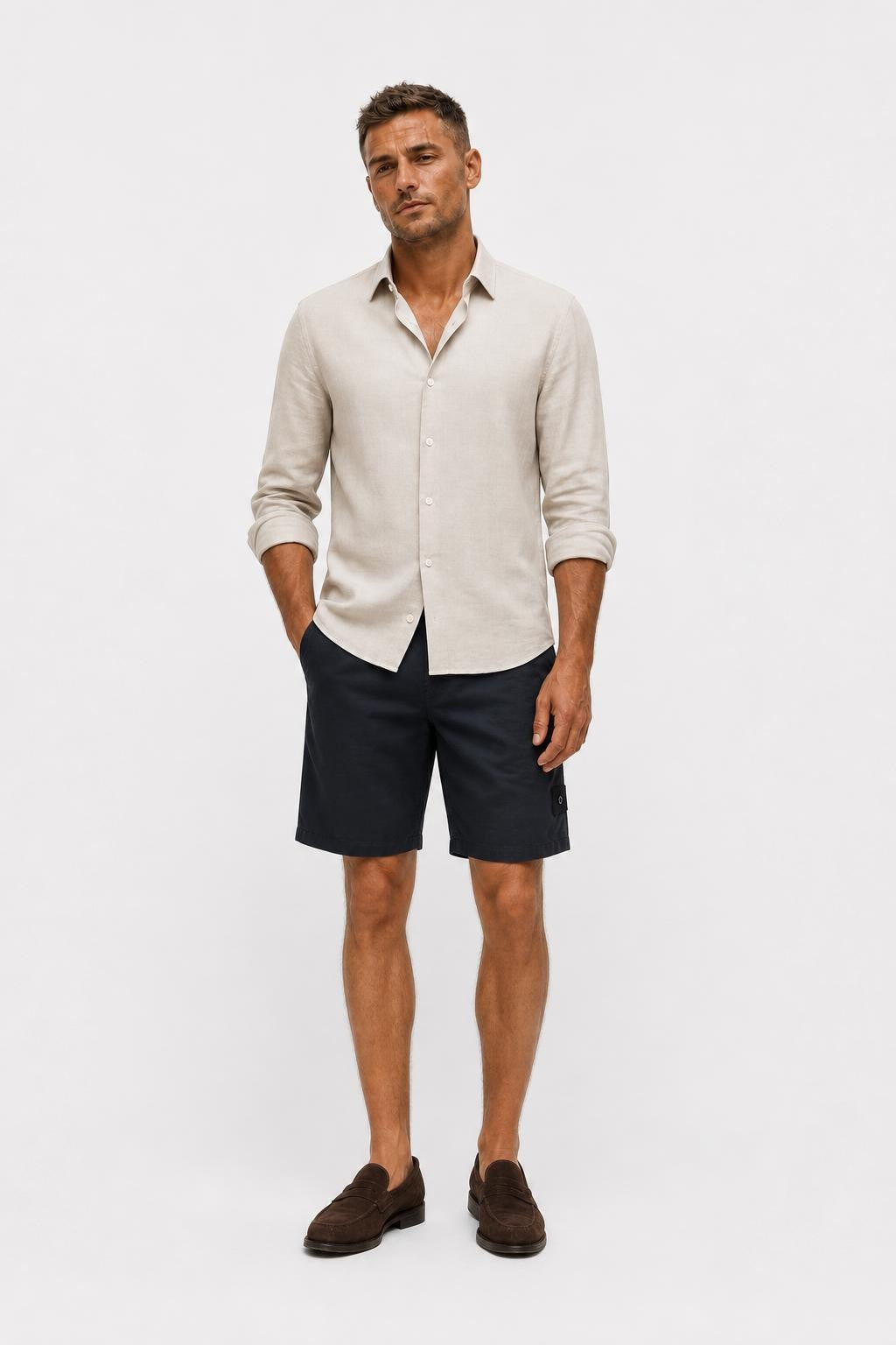 Stone Island Ghost Piece Cotton Linen Shorts Navy